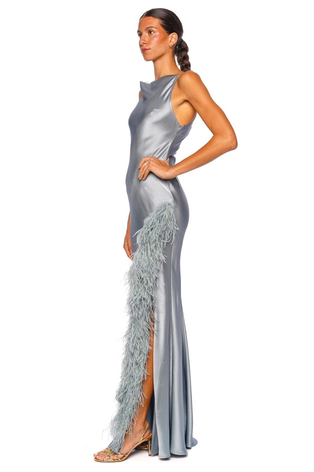 LAPOINTE Light Slate Feather Trim Satin Halter Gown