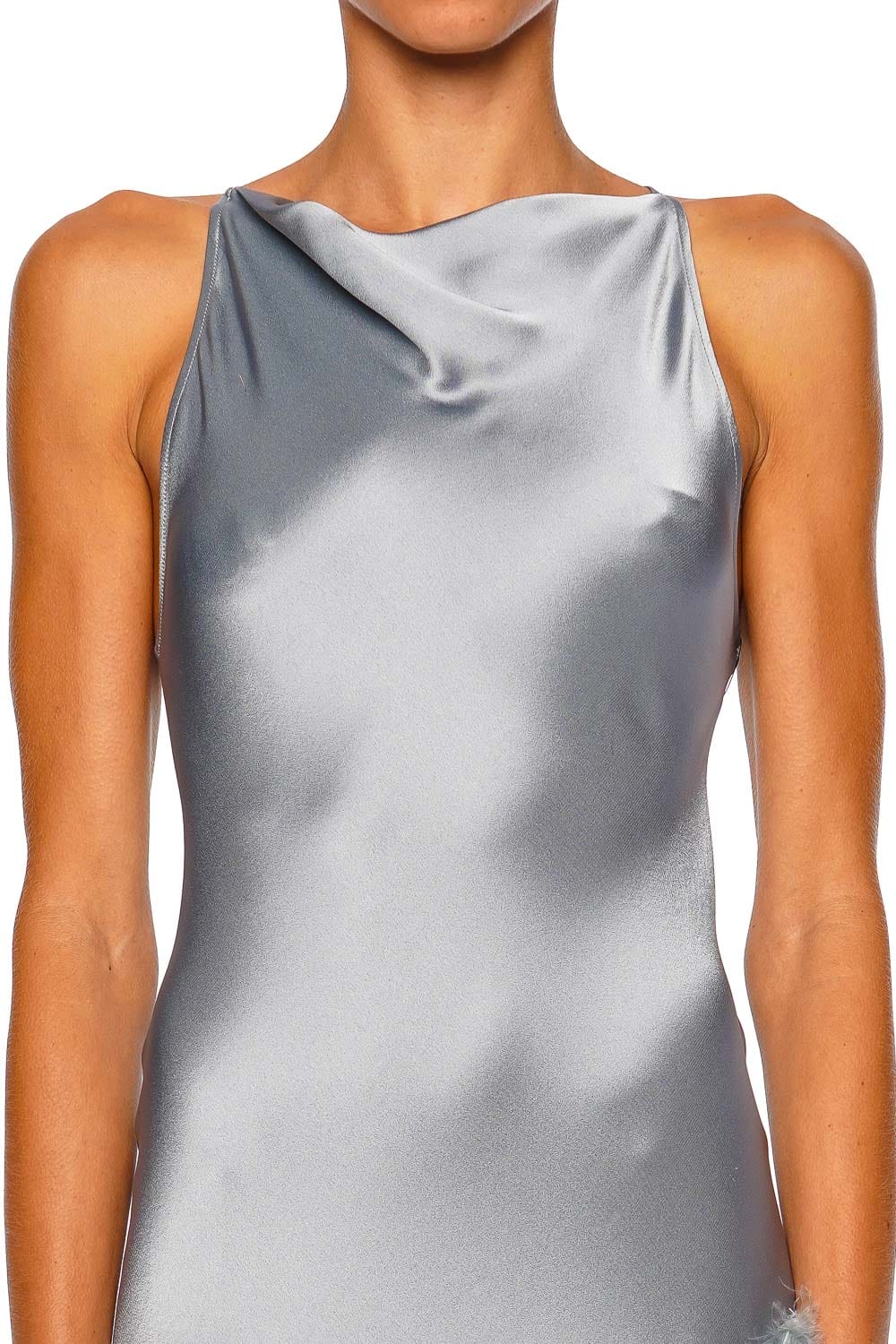 LAPOINTE Light Slate Feather Trim Satin Halter Gown