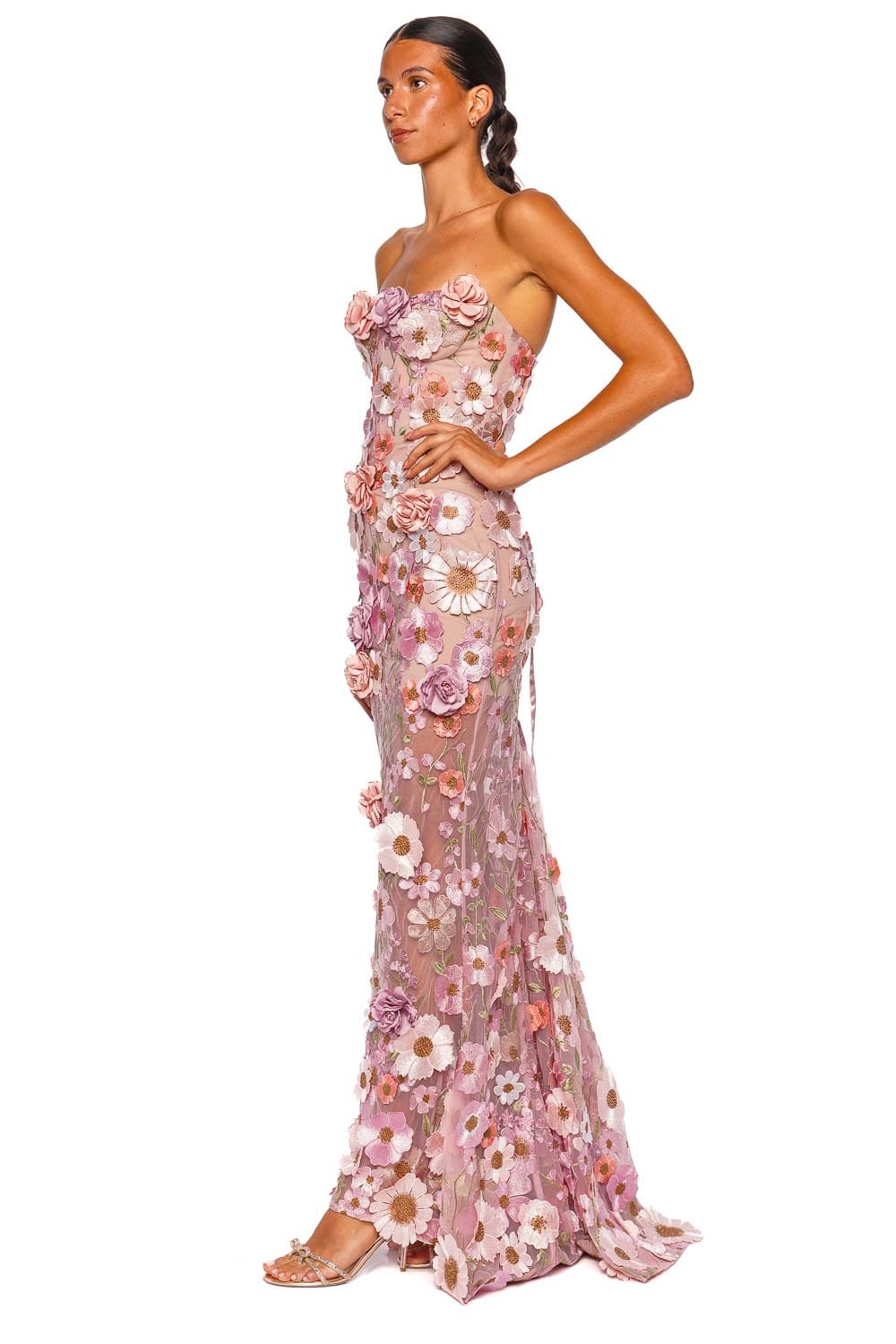 Bronx and Banco Venice 3D Floral Jasmin Pastel Pink Multi Strapless Gown