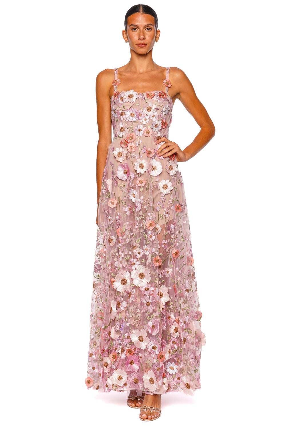 Bronx and Banco Venice 3D Floral Jasmine Pink Multi Strappy Maxi Gown