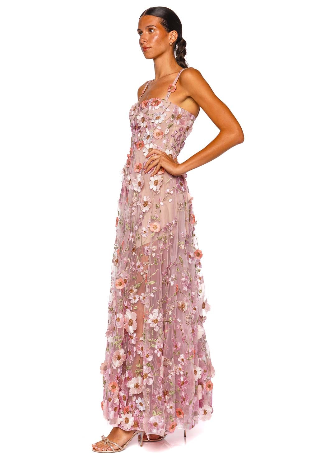 Bronx and Banco Venice 3D Floral Jasmine Pink Multi Strappy Maxi Gown