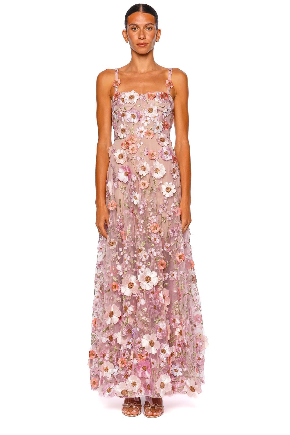 Bronx and Banco Venice 3D Floral Jasmine Pink Multi Strappy Maxi Gown