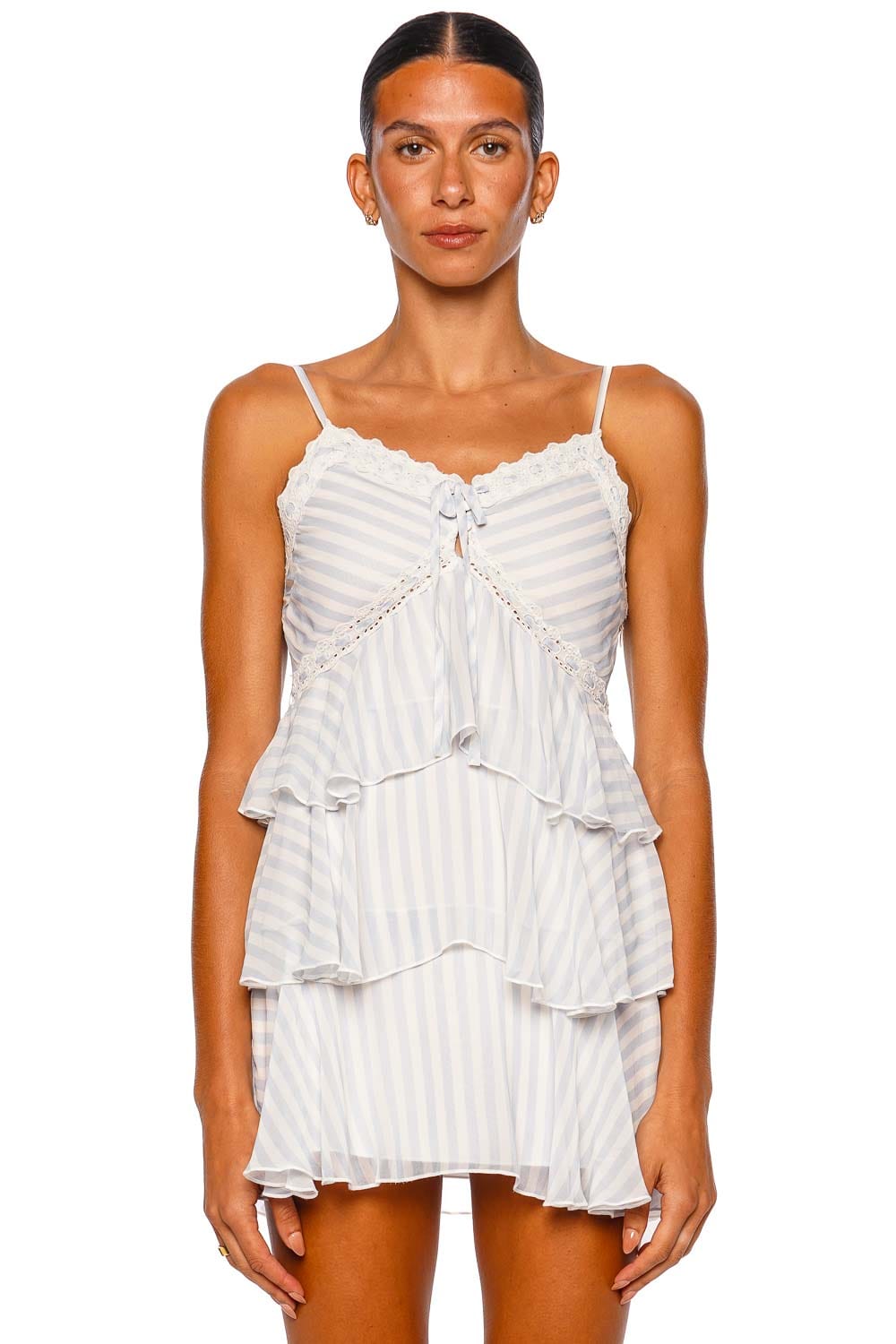 Marlia Tiered Chiffon Lace Trim Mini Dress