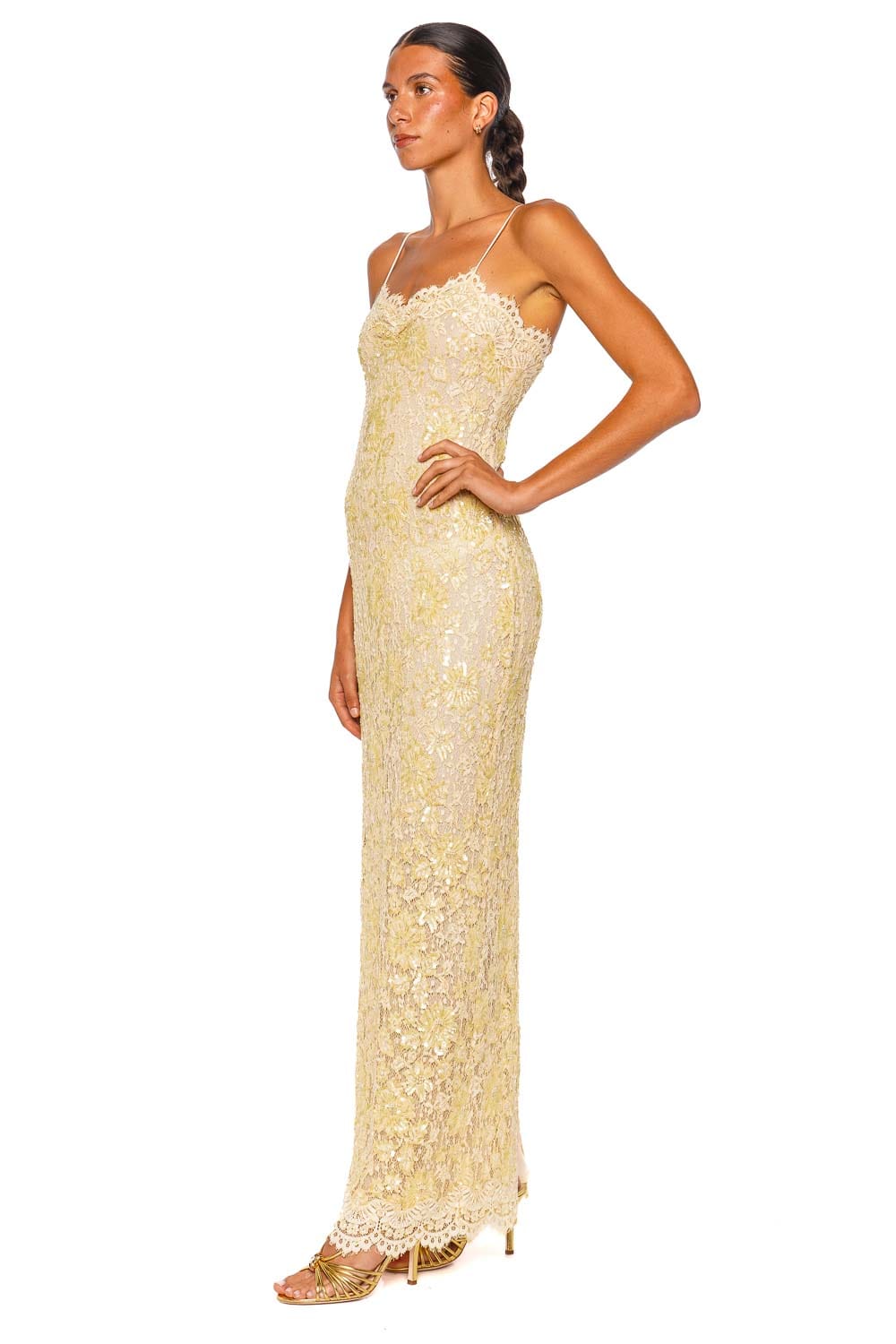 LoveShackFancy Ciona Pale Yellow Strappy Lace Maxi Dress