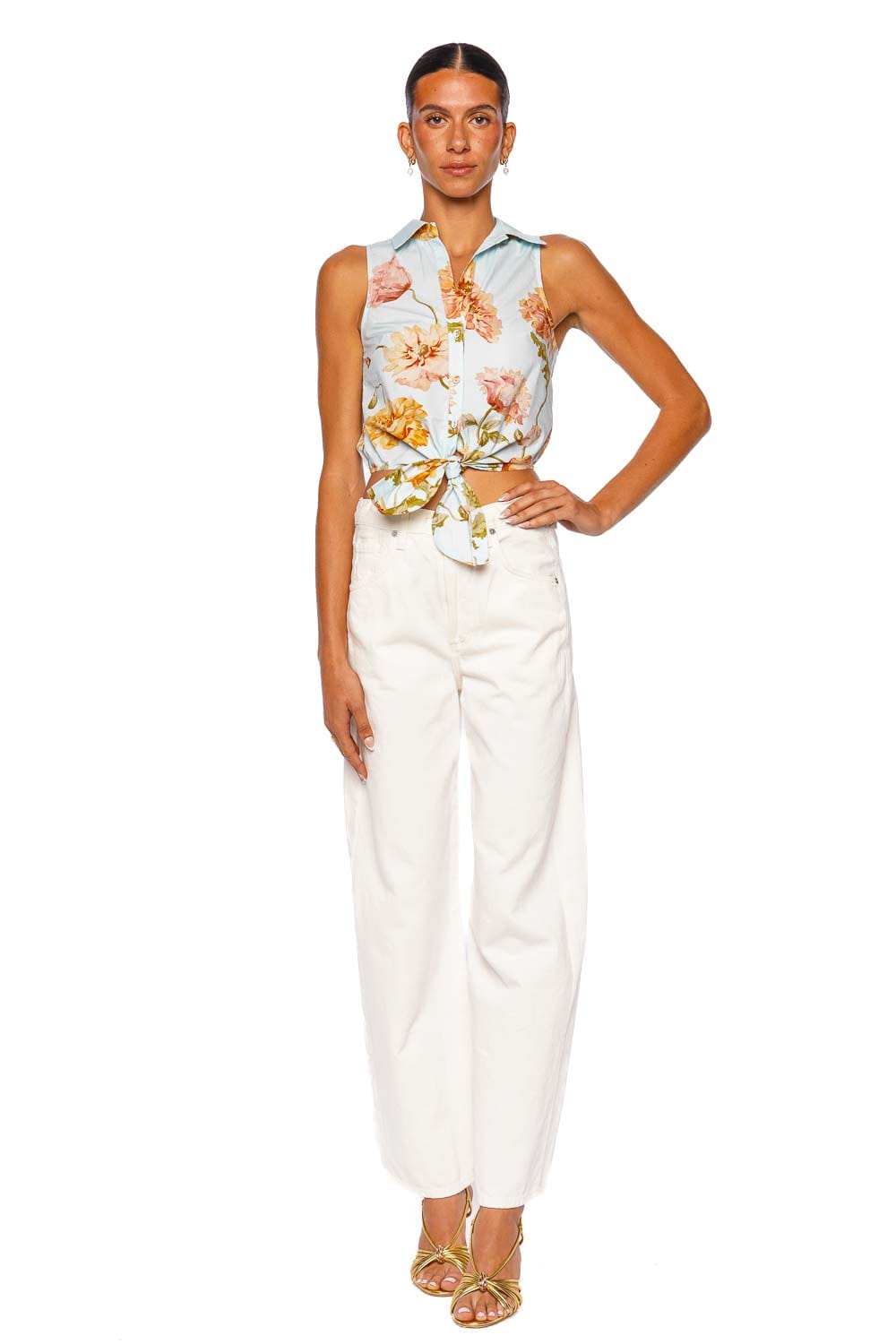 Cara Cara Highland Top Sky Sleeveless Floral Tie Front Crop Top