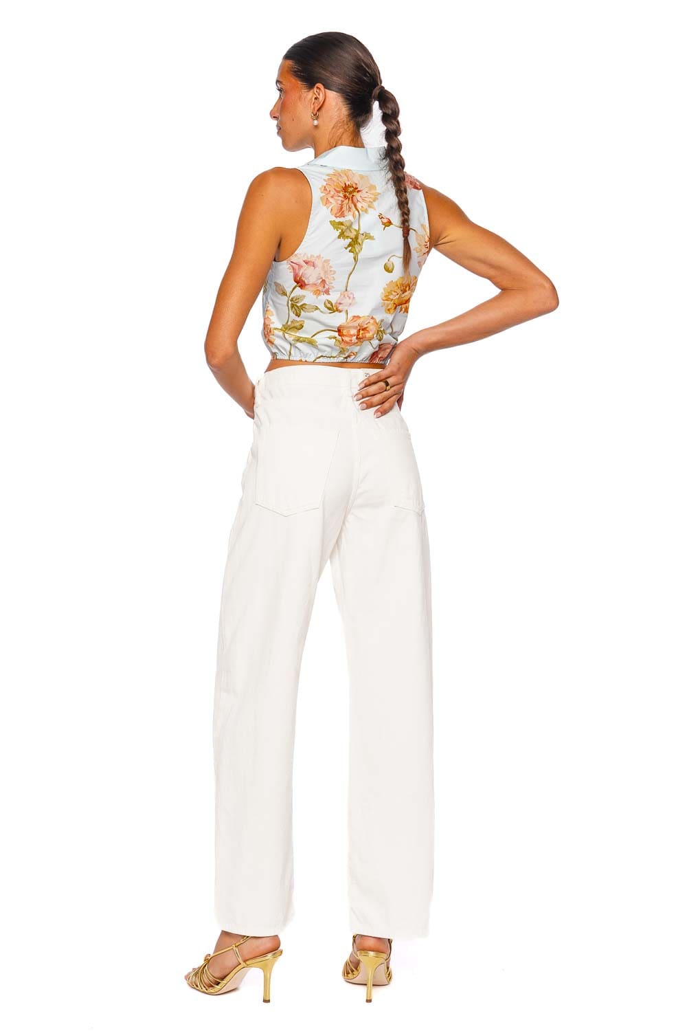 Cara Cara Highland Top Sky Sleeveless Floral Tie Front Crop Top