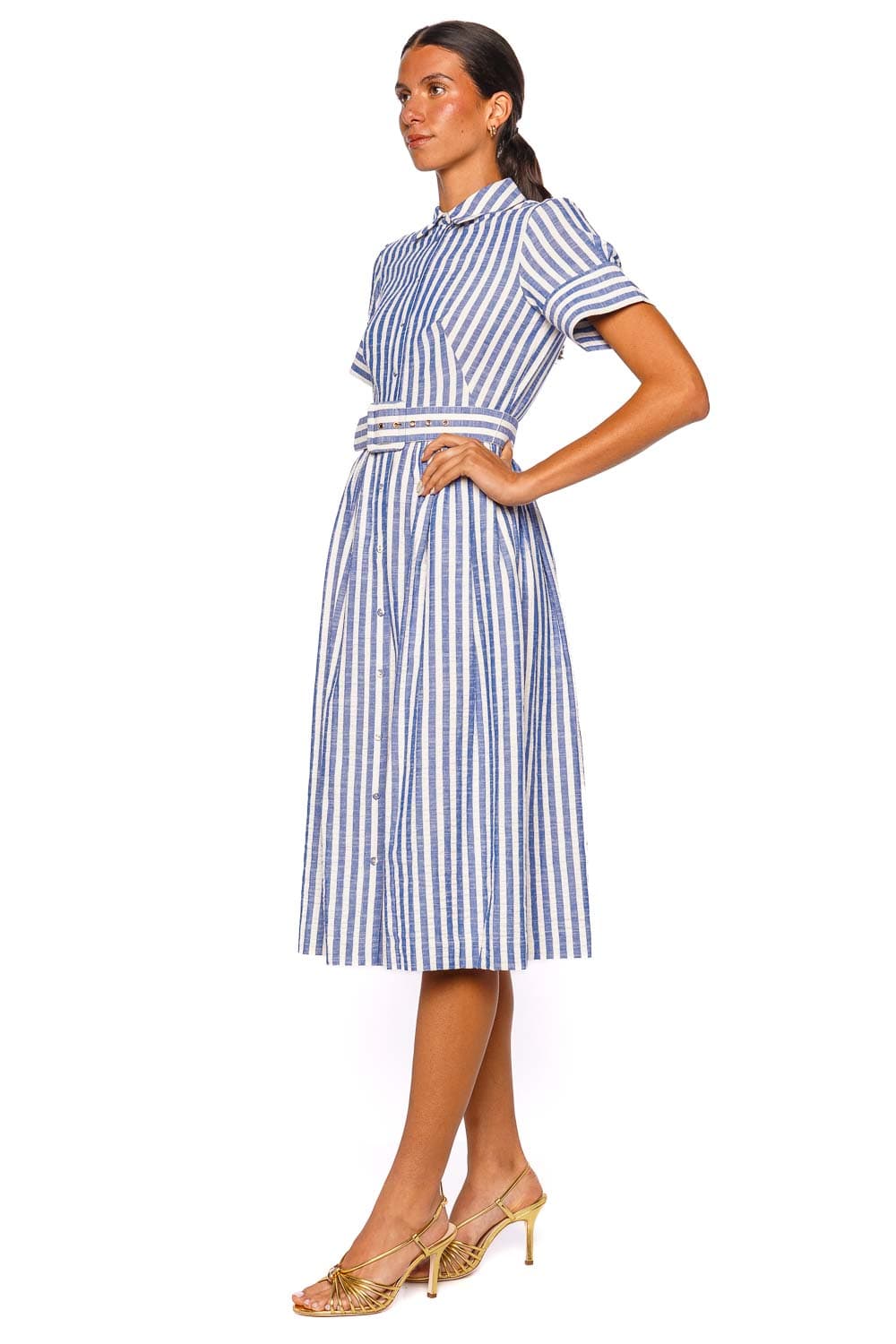 Malena Blue Stripe Seersucker Belted Midi Dress