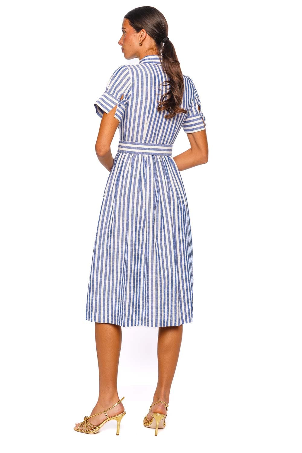 Cara Cara Malena Blue Stripe Seersucker Belted Midi Dress