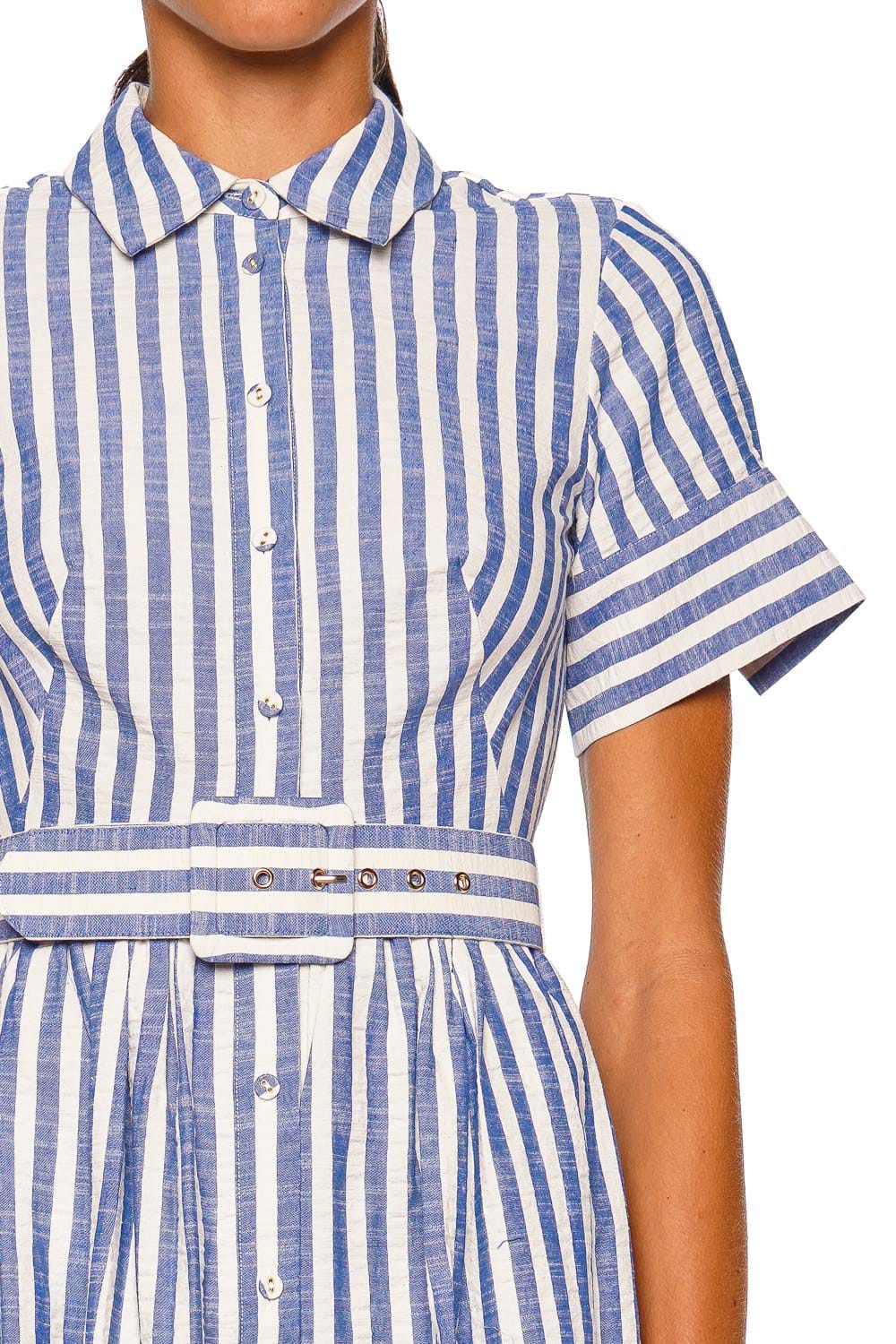 Malena Blue Stripe Seersucker Belted Midi Dress
