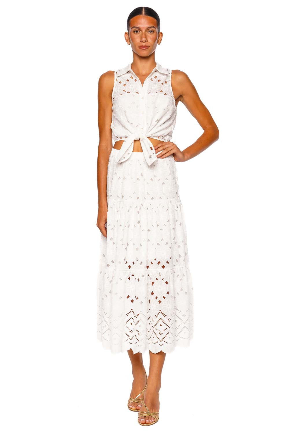 Cara Cara Melanie Trellis Eyelet White Tiered Midi Skirt