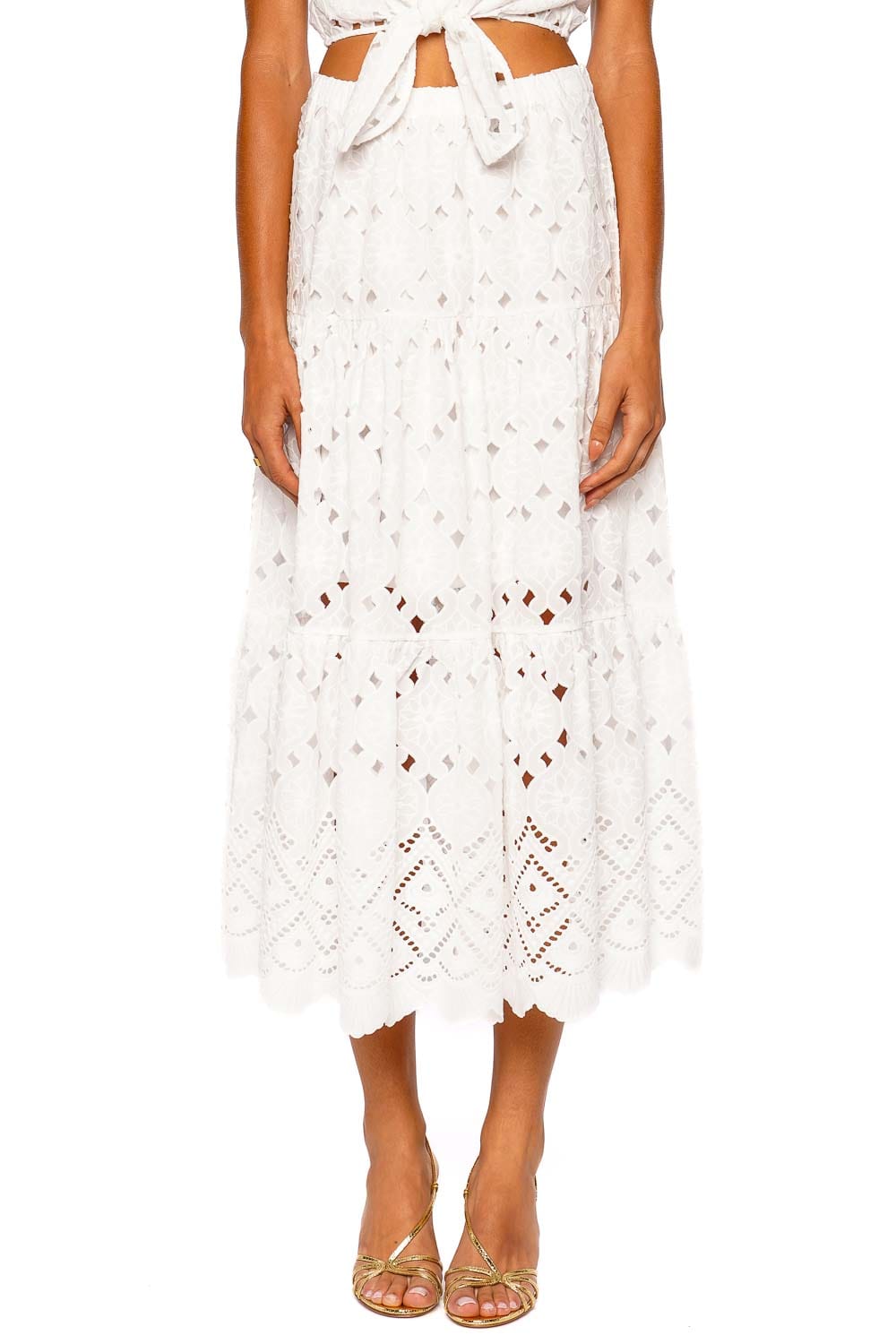 Cara Cara Melanie Trellis Eyelet White Tiered Midi Skirt