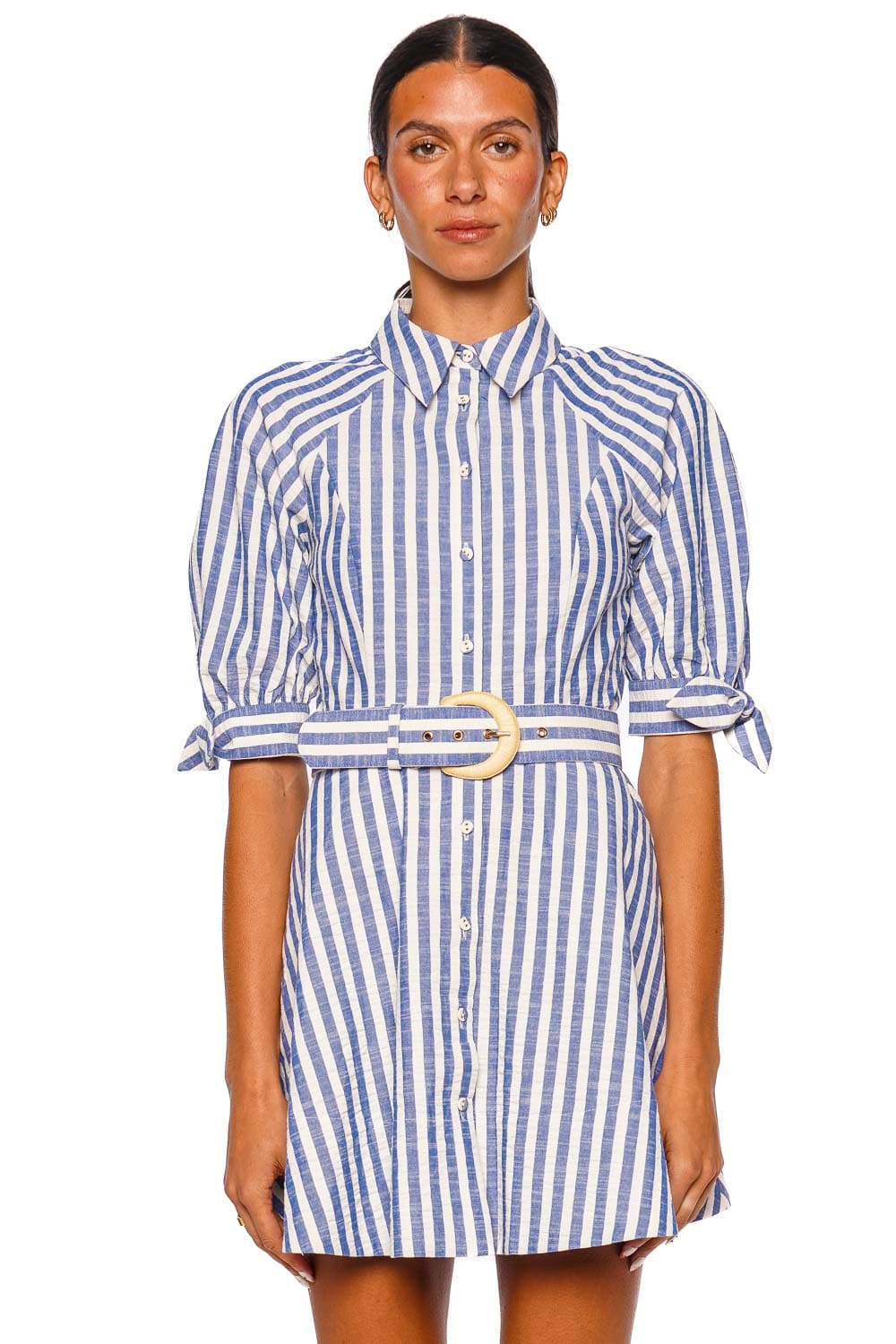 Cara Cara Caro Seersucker Blue Stripe Belted Mini Dress Cara Cara Caro Seersucker Blue Stripe Belted Mini Dress