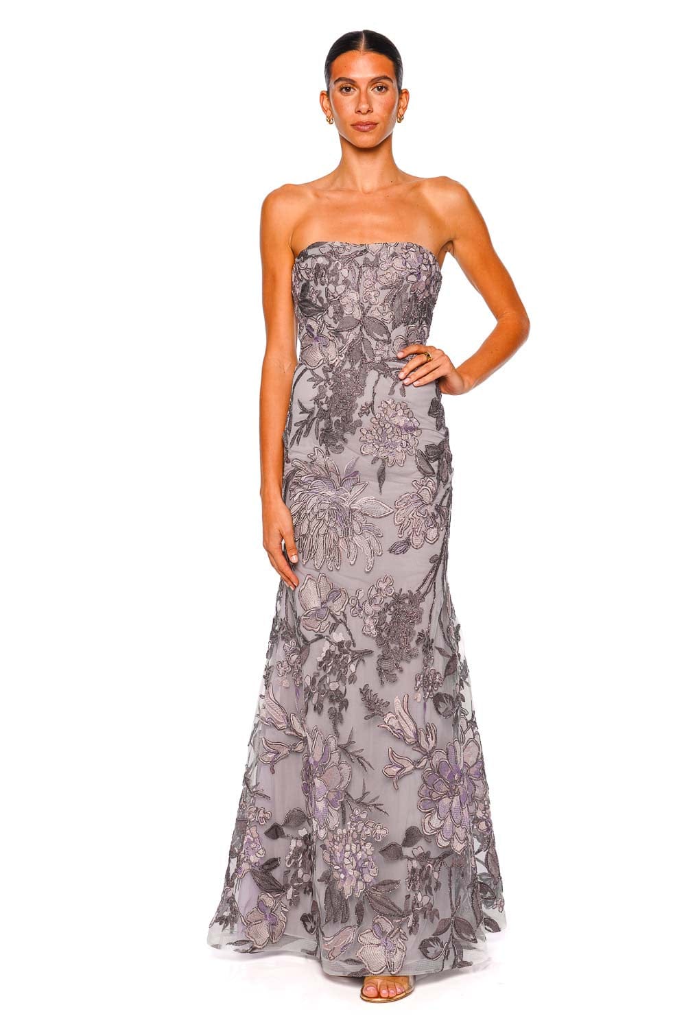 Naeem Khan Metallic Raffia Lilac Silver Strapless Gown