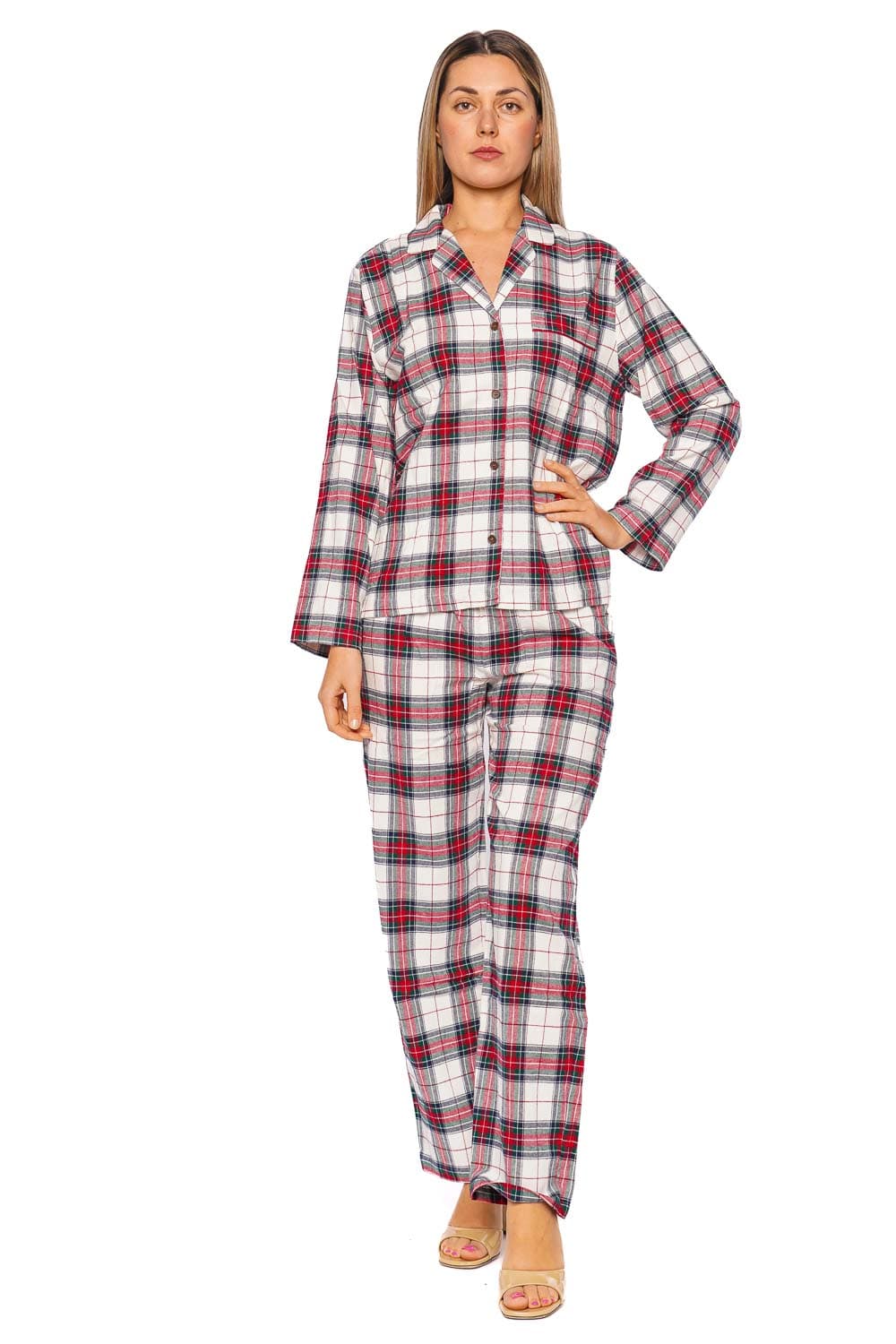Eberjey Ivory and Holly Red Tartan Plaid Flannel Long PJ Set