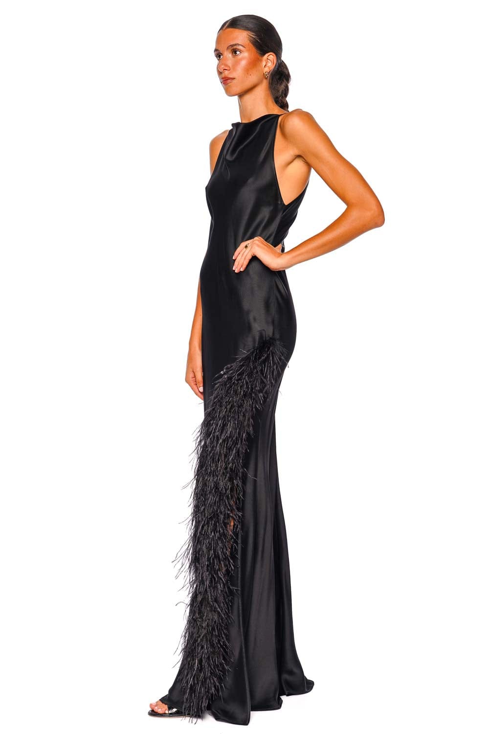 LAPOINTE Black Satin Feather Halter Gown