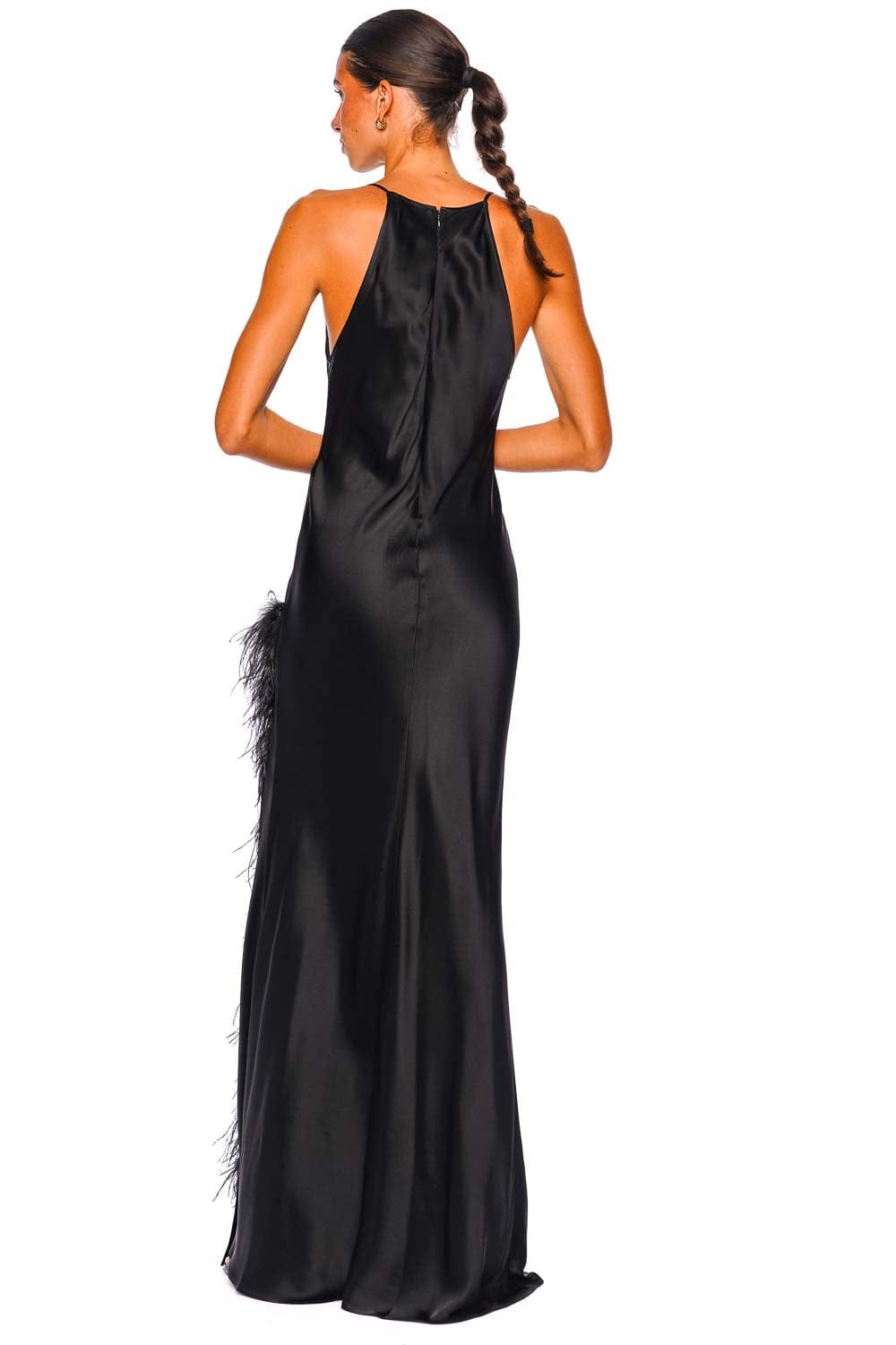 LAPOINTE Black Satin Feather Halter Gown