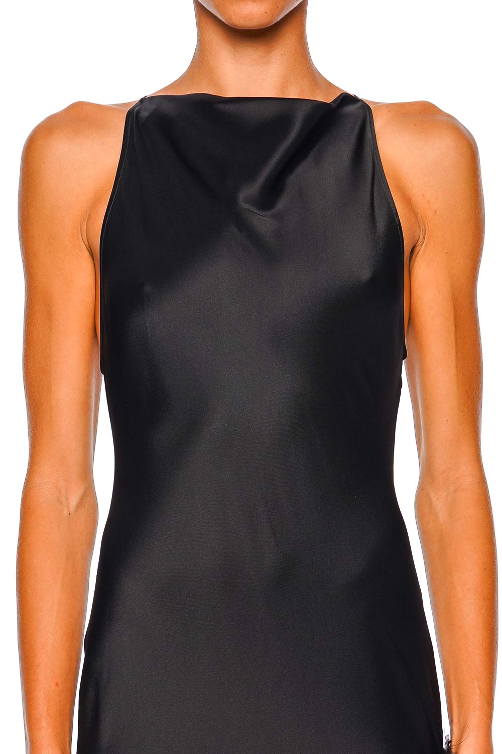 LAPOINTE Black Satin Feather Halter Gown