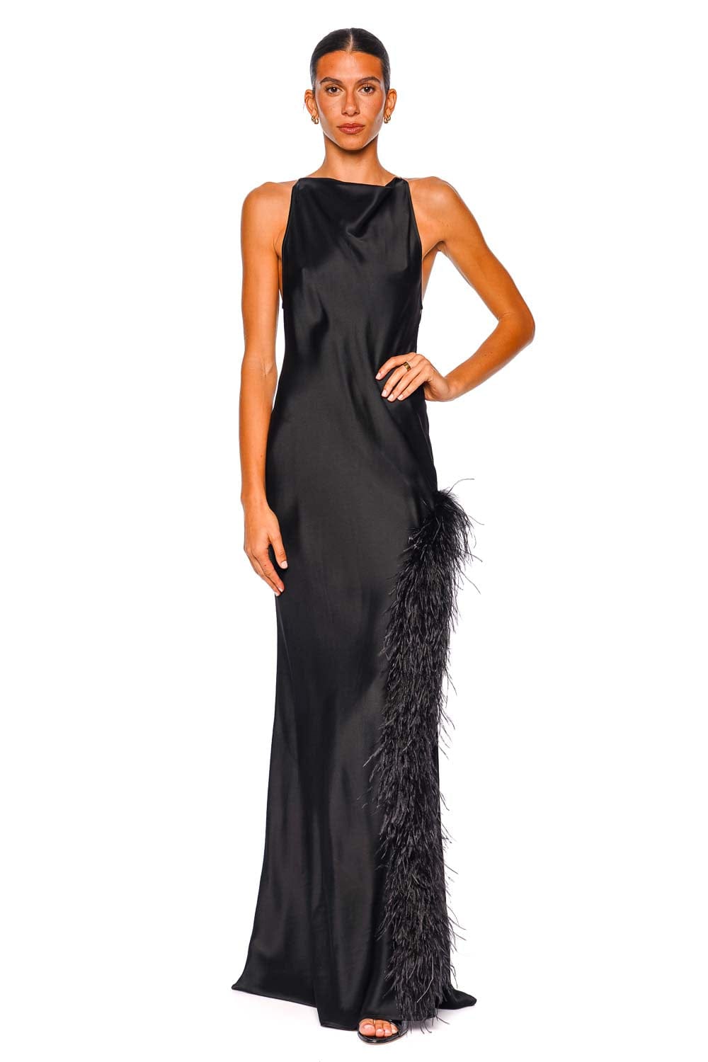 LAPOINTE Black Satin Feather Halter Gown