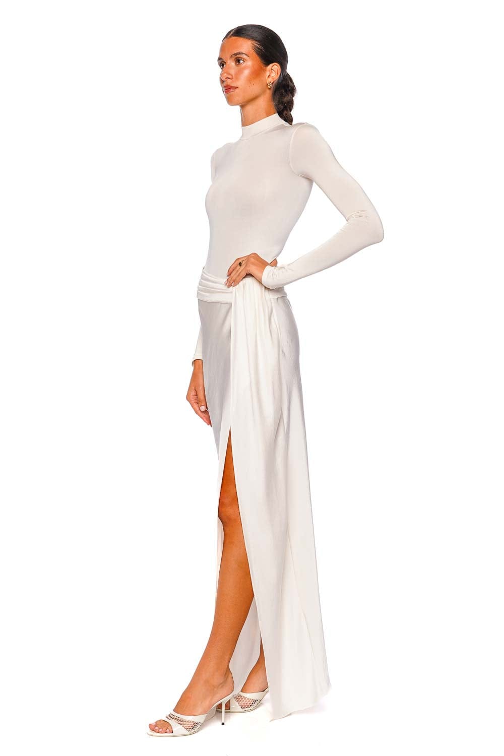 LAPOINTE Cream Satin Asymmetric Maxi Skirt with Slit