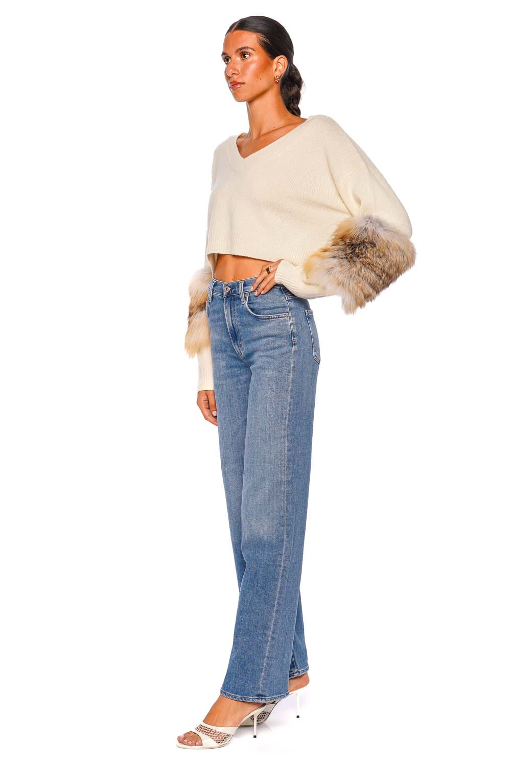 LAPOINTE Cashmere Cropped Sweater with Fur Cuffs in Cream