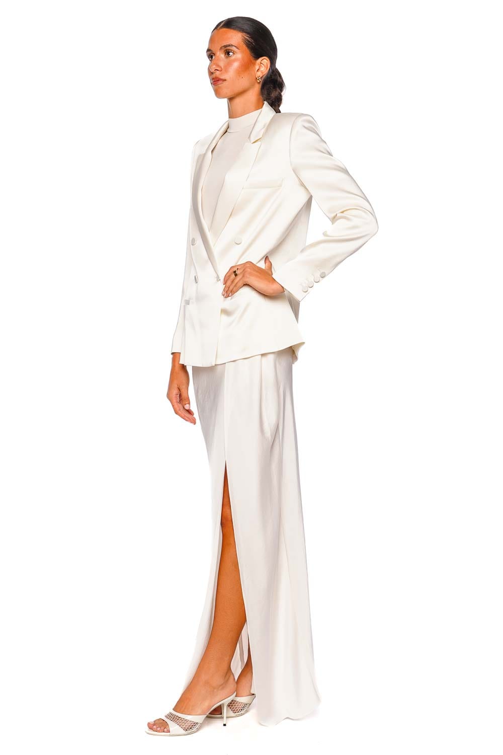 LAPOINTE Cream Satin Double Breasted Blazer