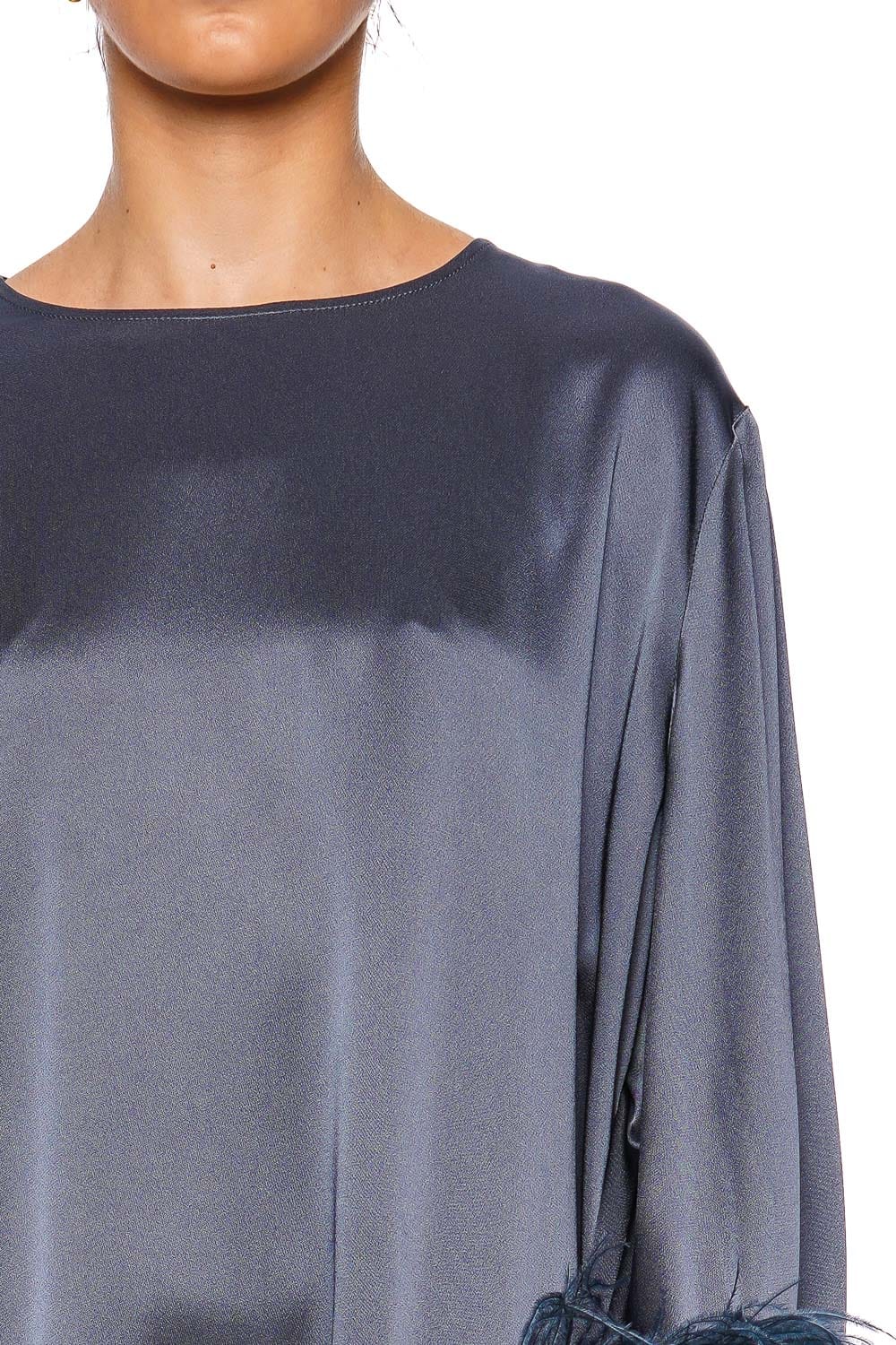 LAPOINTE Marine Satin Feathered Shift Dress with Long Sleeves