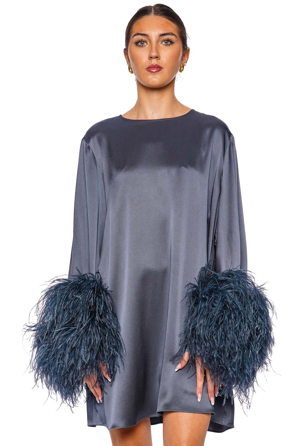 LAPOINTE Marine Satin Feathered Shift Dress with Long Sleeves
