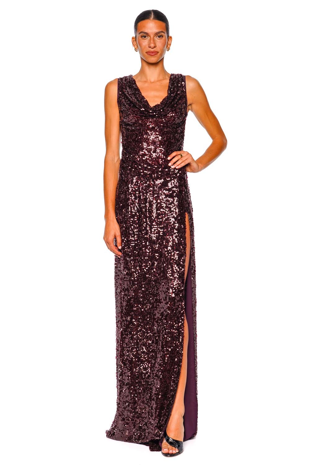 LAPOINTE Marine Sequin Cowl Neck Sleeveless Maxi Dress
