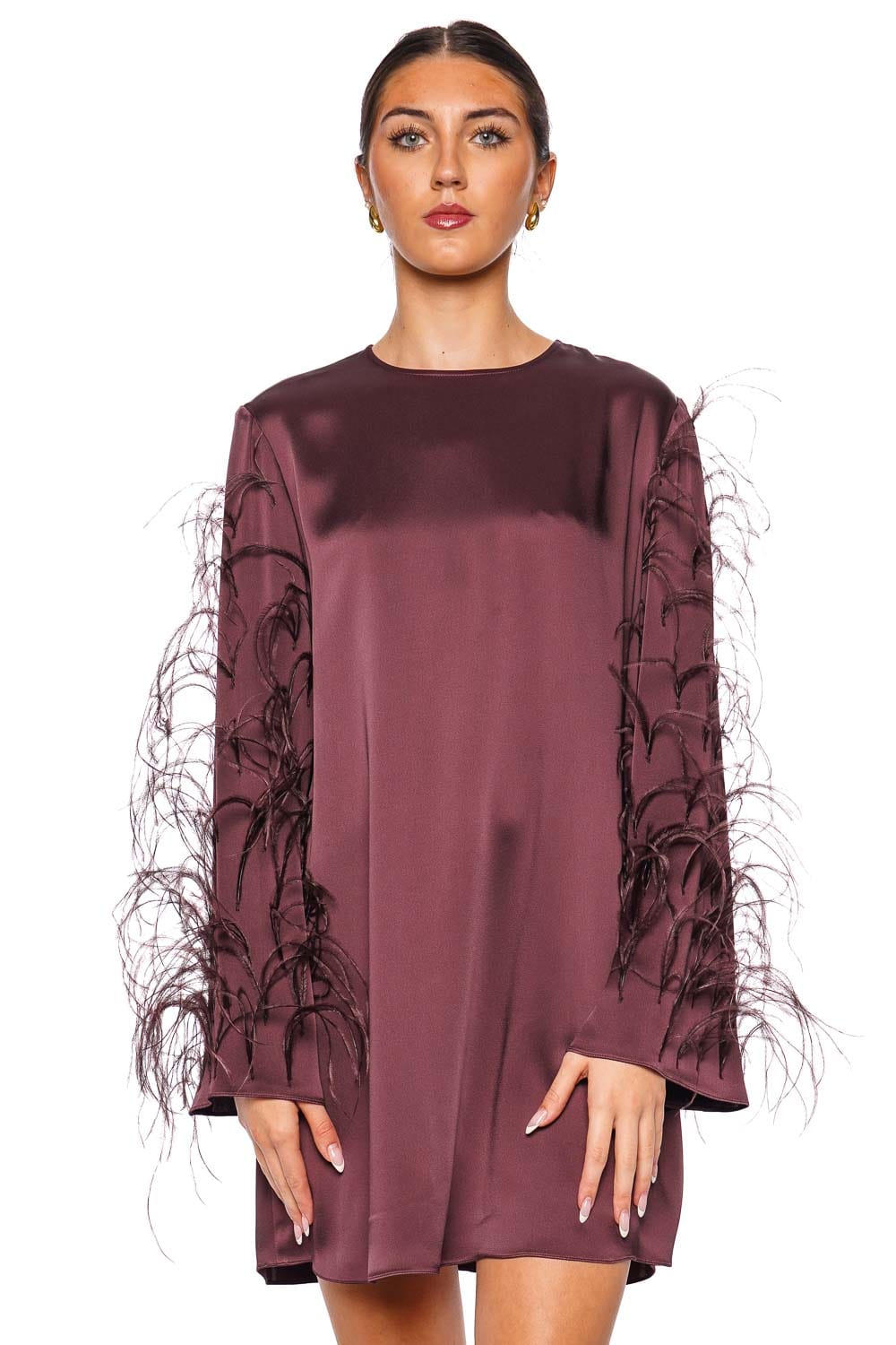 LAPOINTE Mulberry Feather Sleeve Satin Shift Dress