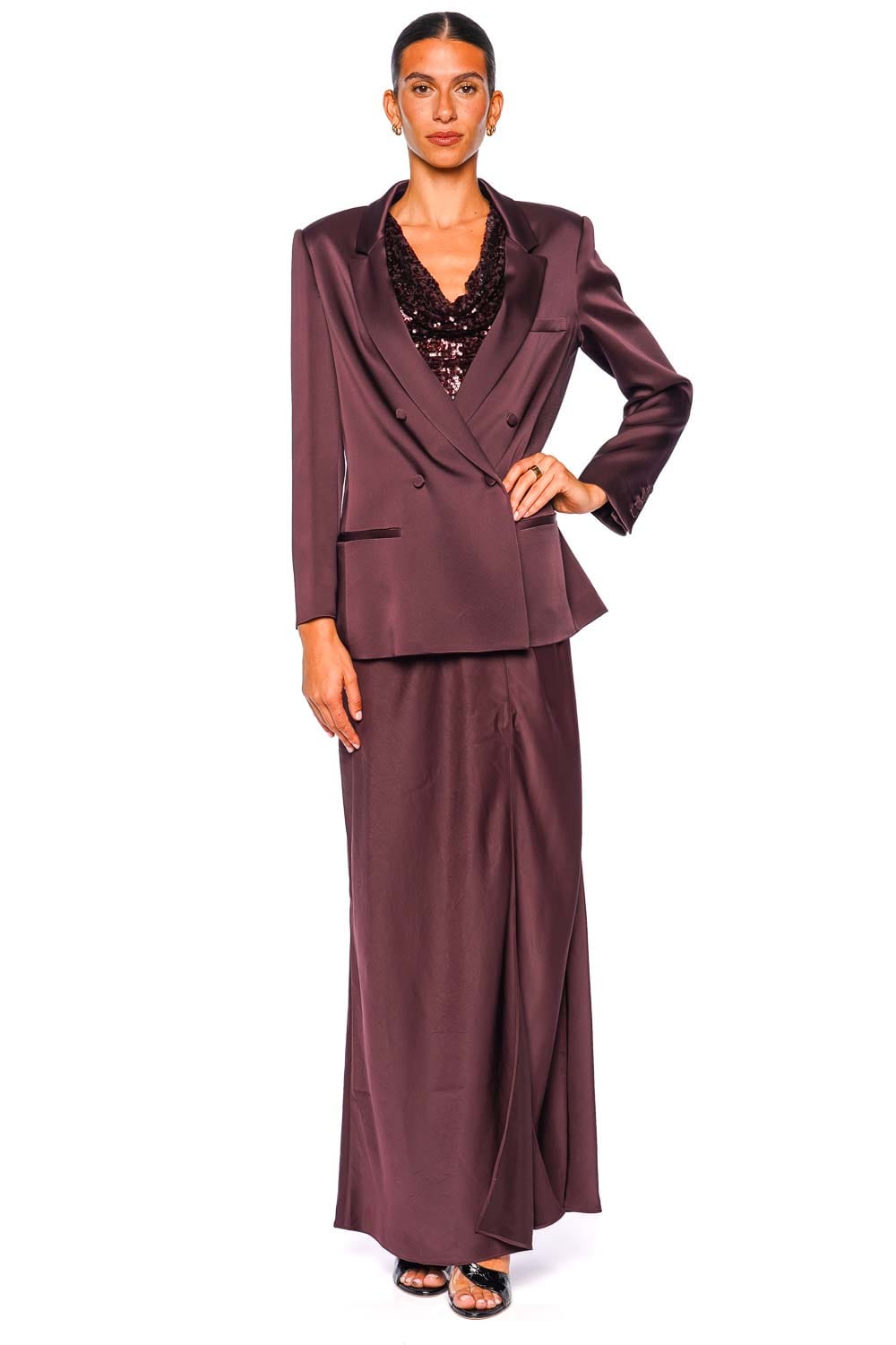 LAPOINTE Mulberry Satin Double Breasted Blazer