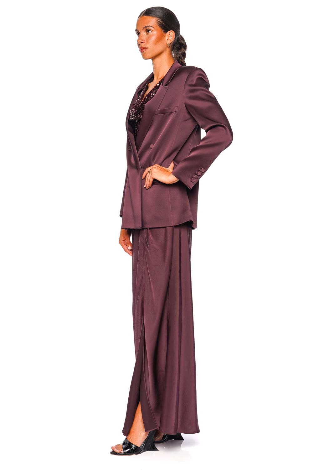 LAPOINTE Mulberry Satin Double Breasted Blazer