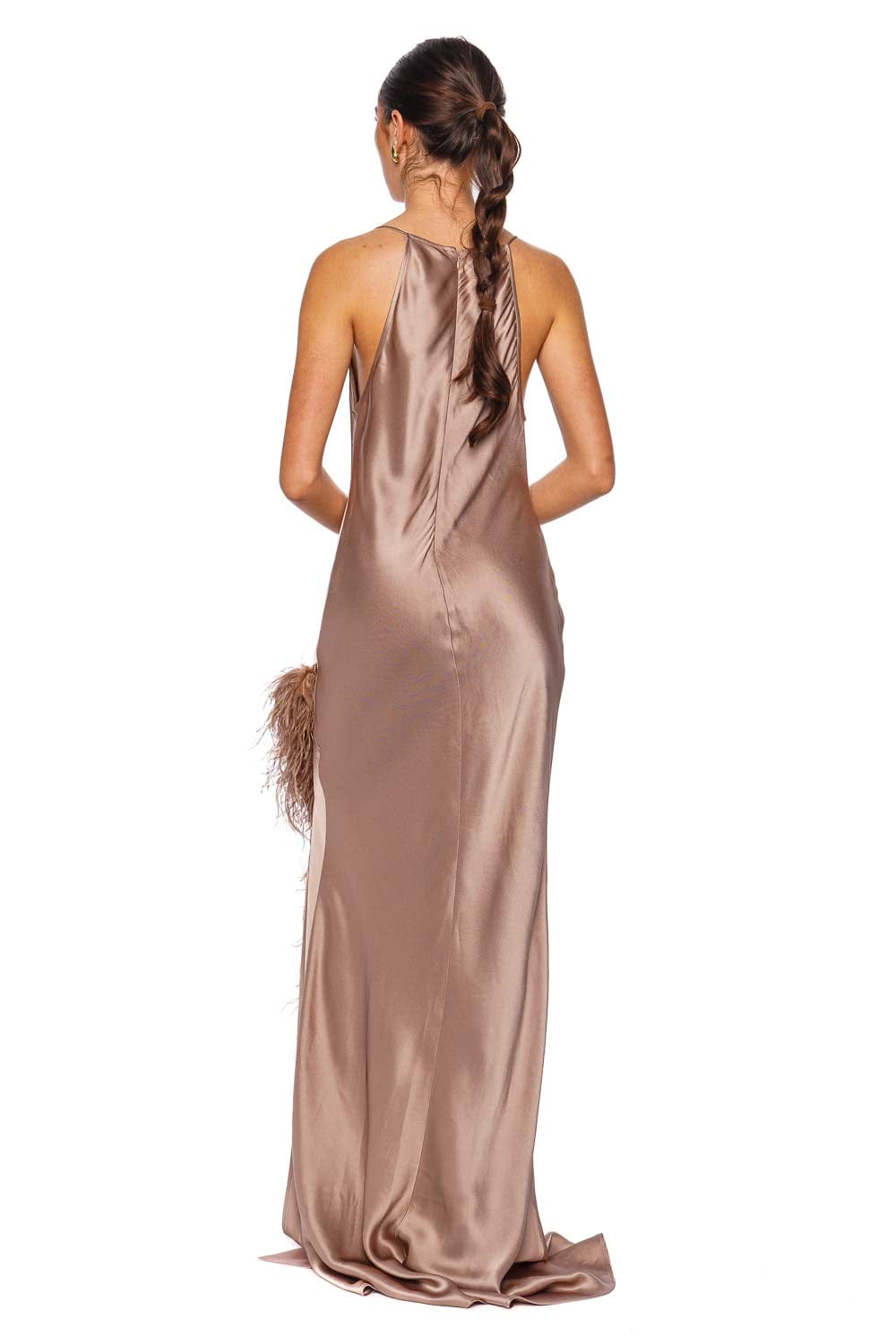 LAPOINTE Oat Satin Halter Feather Gown
