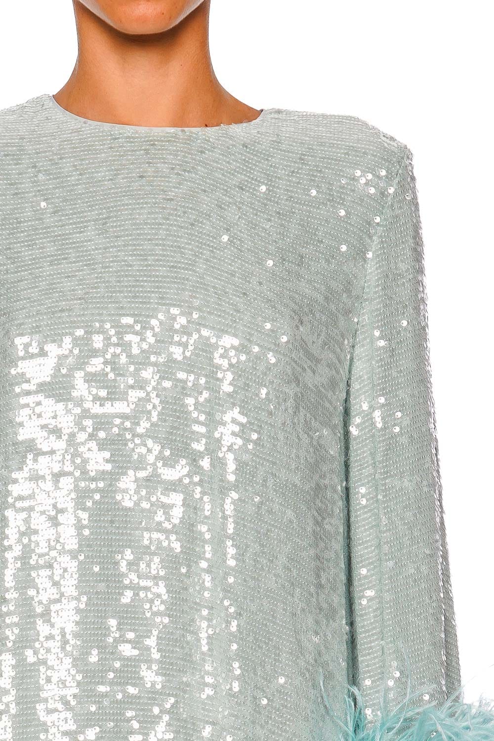 LAPOINTE Sequin Shift Dress with Feather Cuffs Long Sleeves Soft Blue