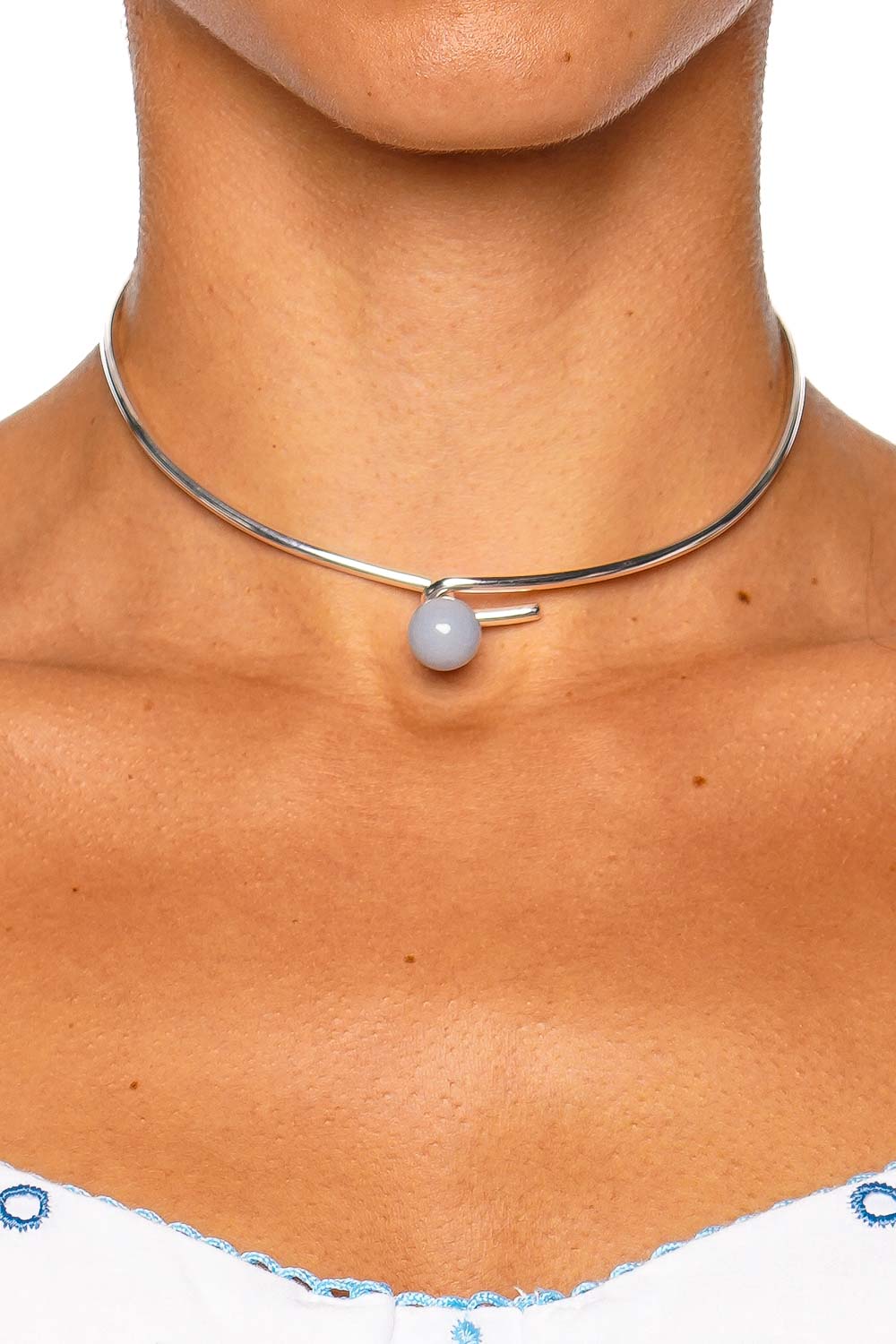 Annika Inez Linear Bead Collar Silver Angelite Choker Necklace