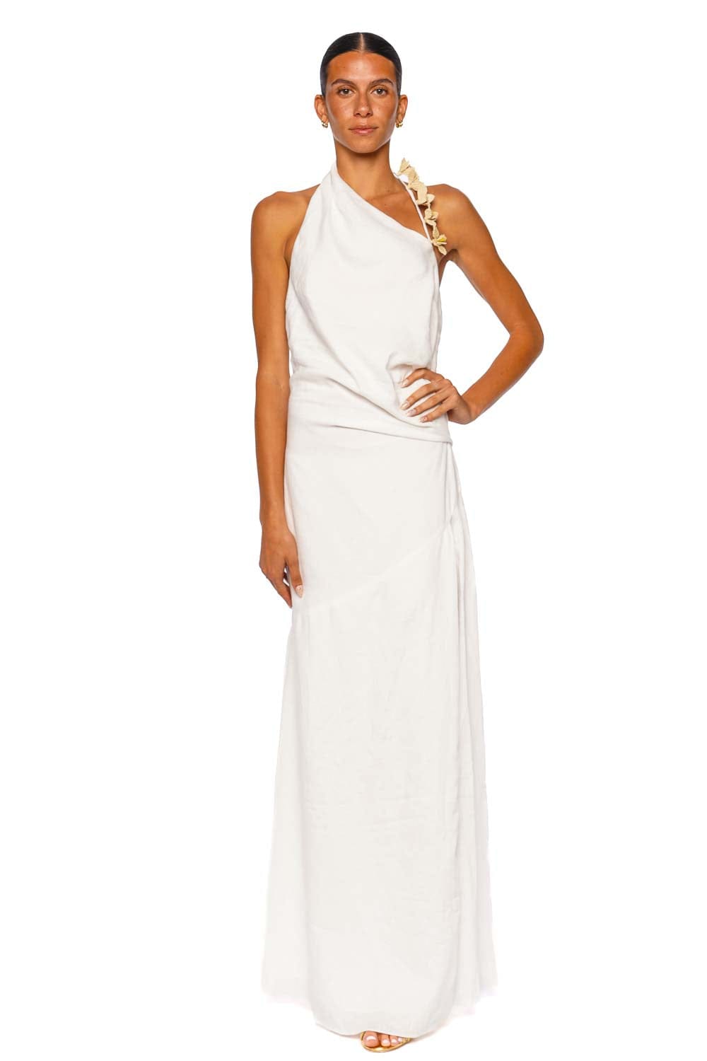 Azulu Pia Ivory One Shoulder Halter Maxi Dress