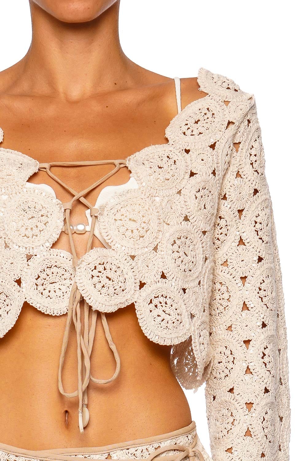 Azulu Nica Natural Sequin Crochet Cropped Top