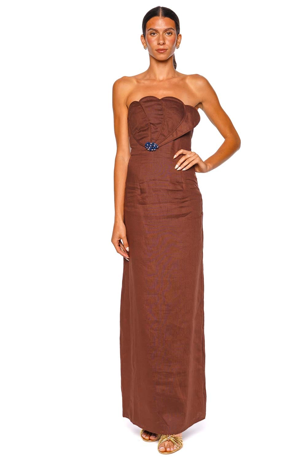 Azulu Bianca Umber Brown Strapless Column Maxi Dress