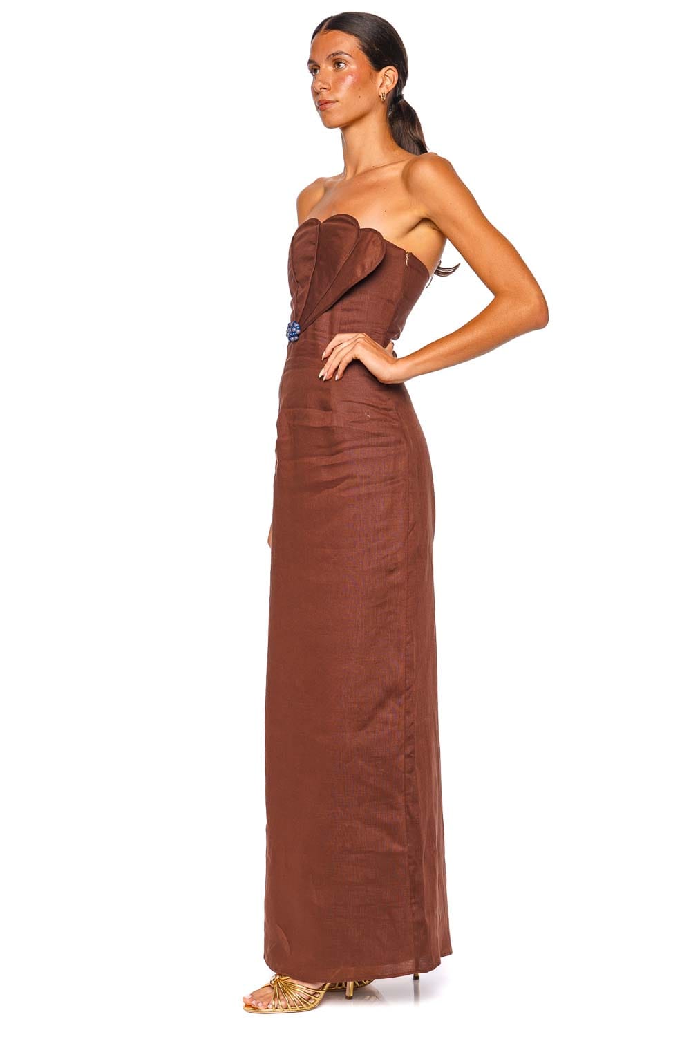 Azulu Bianca Umber Brown Strapless Column Maxi Dress