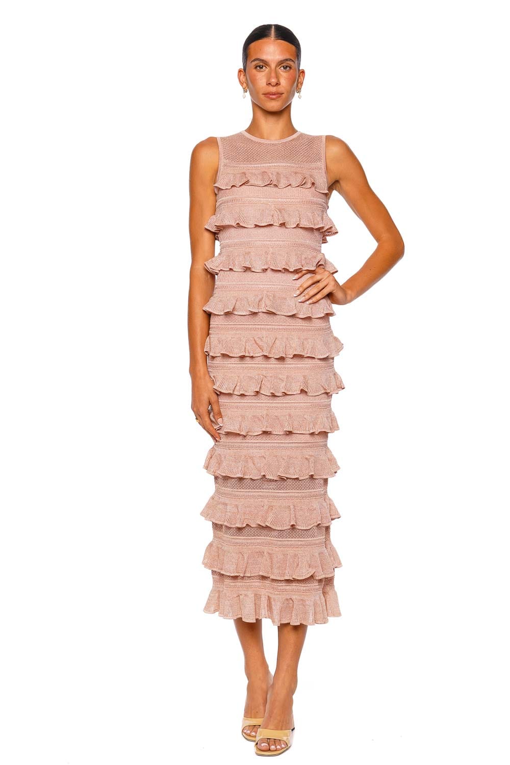 ZIMMERMANN Luna Lace Frill Metallic Rose Gold Sleeveless Midi Dress