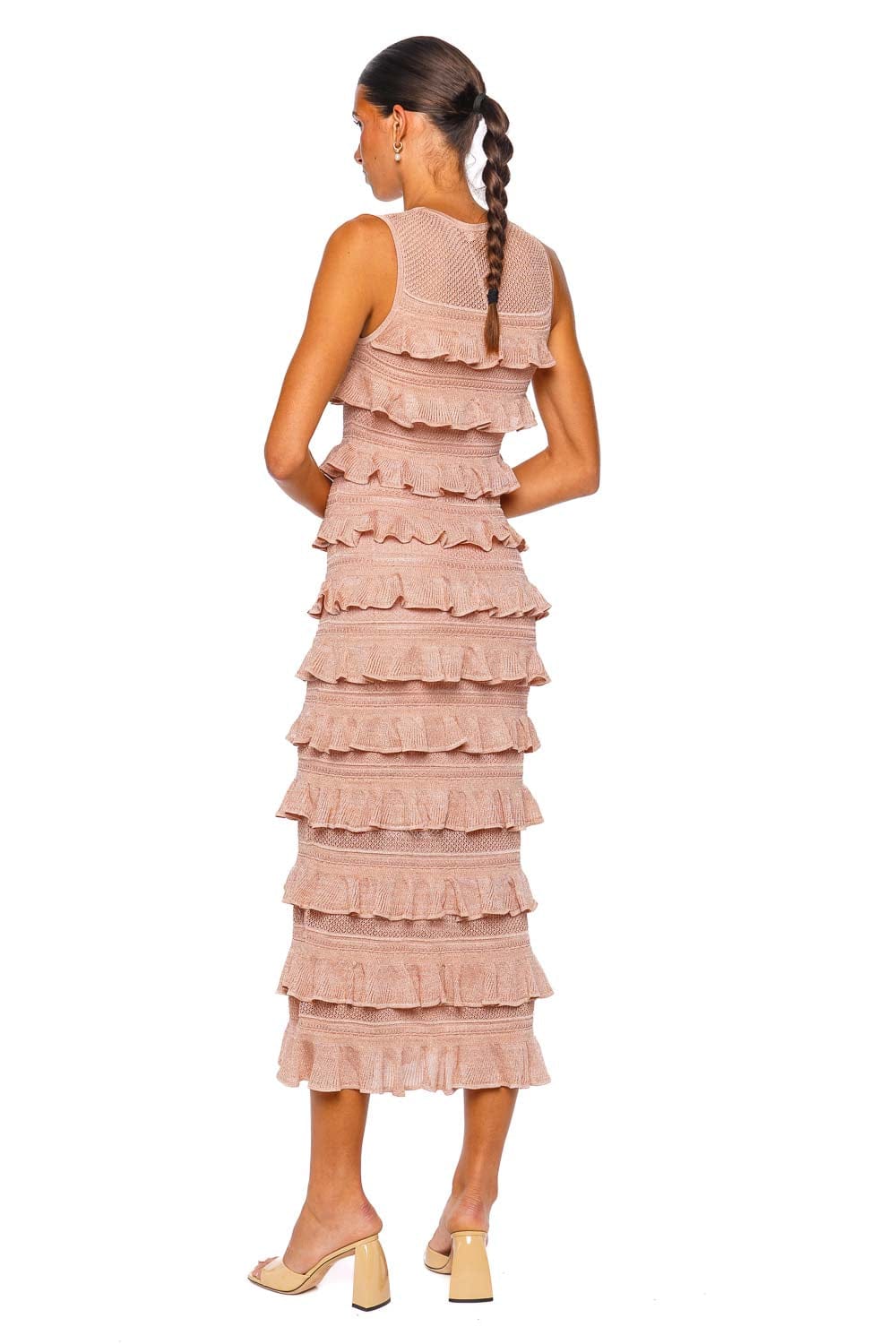 ZIMMERMANN Luna Lace Frill Metallic Rose Gold Sleeveless Midi Dress