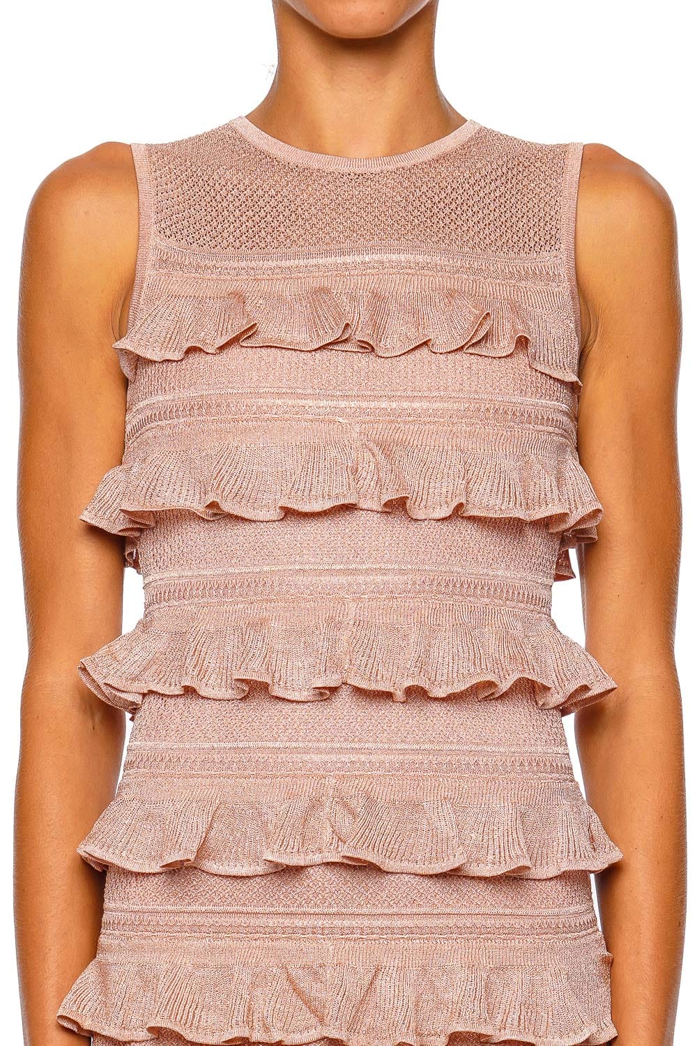 ZIMMERMANN Luna Lace Frill Metallic Rose Gold Sleeveless Midi Dress