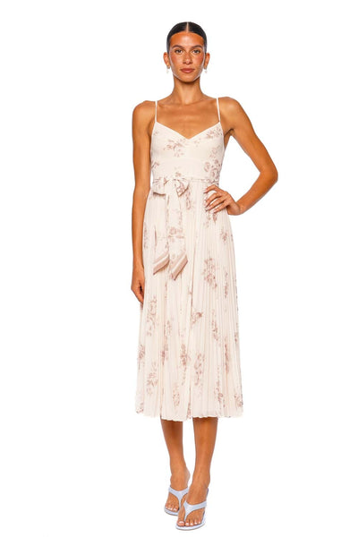 Sunray Cream Floral Pleated Picnic Midi Dress