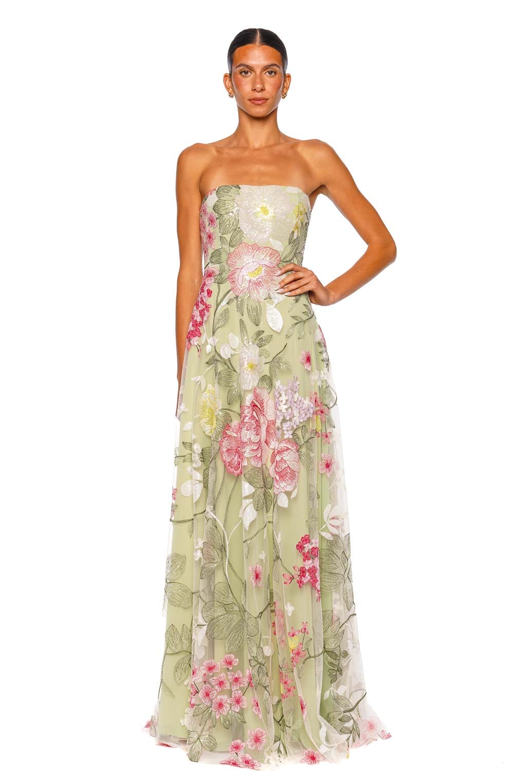 Naeem Khan Strapless Floral Sequin Green Multi A-Line Gown
