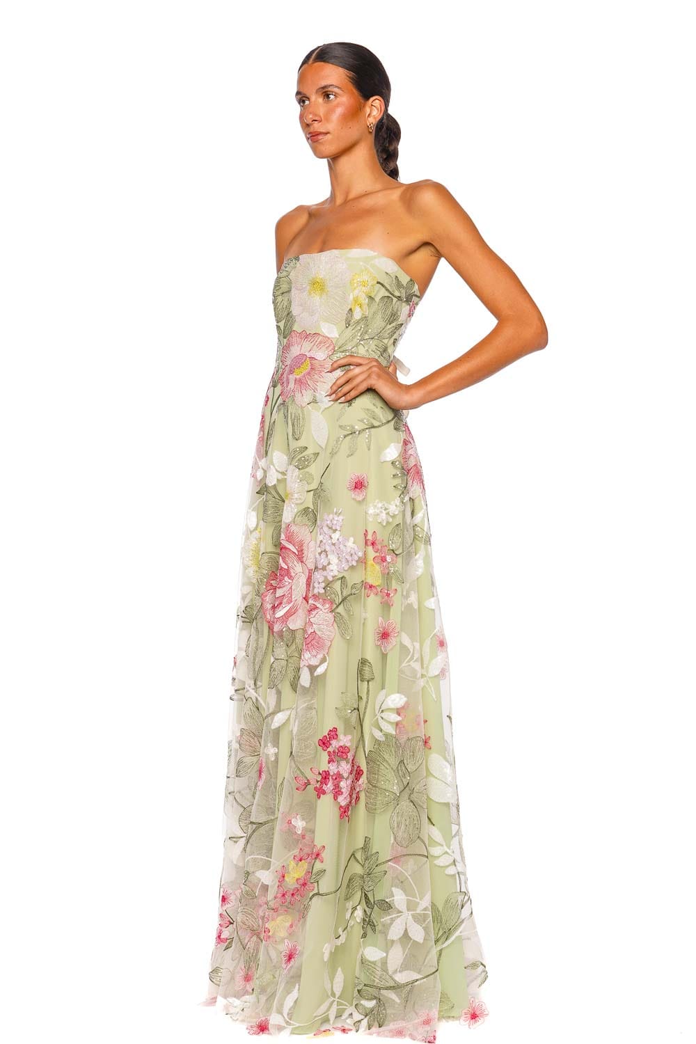 Naeem Khan Strapless Floral Sequin Green Multi A-Line Gown