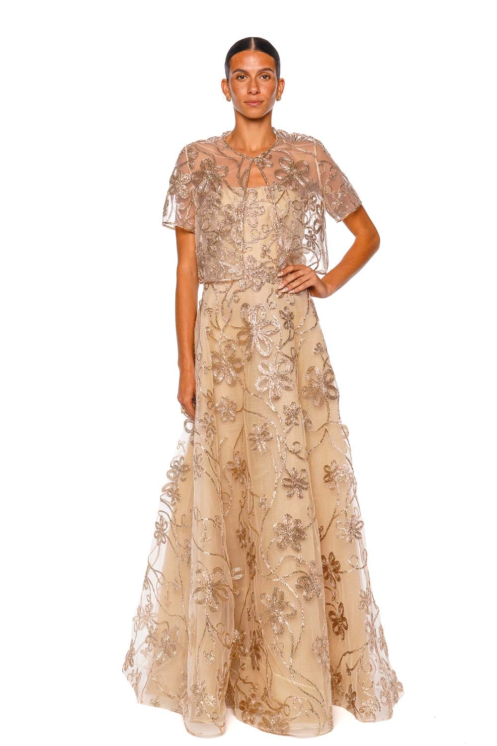 Naeem Khan Nude Gold Short Sleeve Raffia Bolero