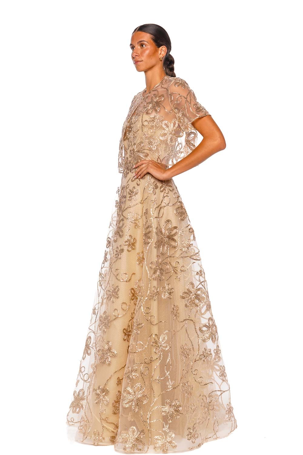 Naeem Khan Nude Gold Short Sleeve Raffia Bolero