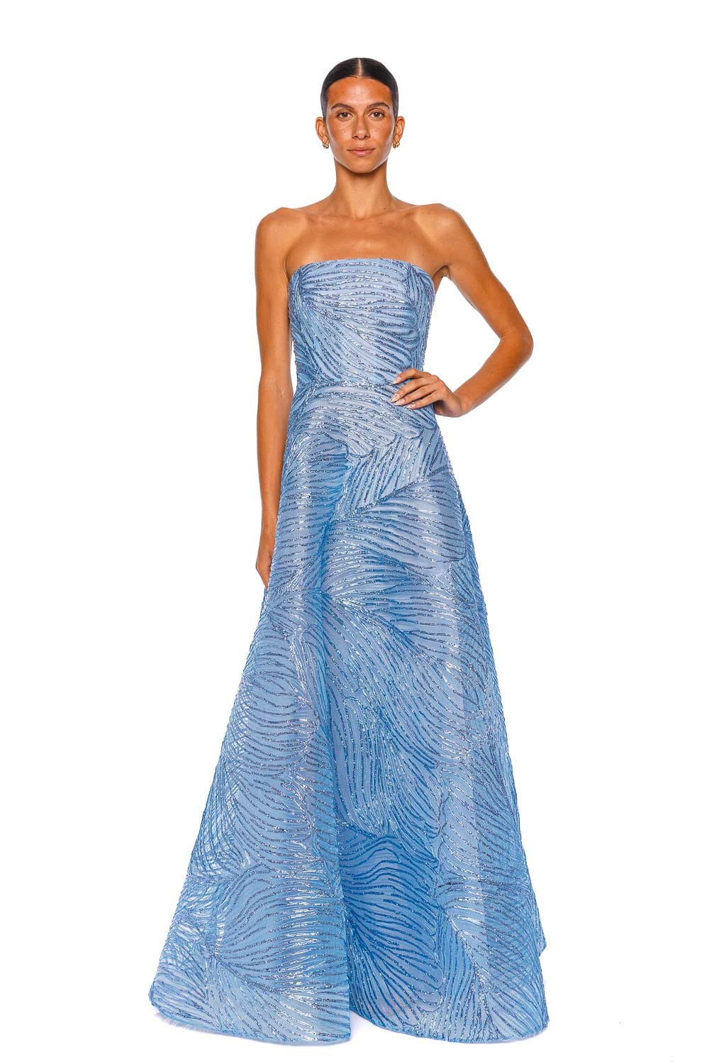 Naeem Khan Ocean Blue Strapless Raffia Gown
