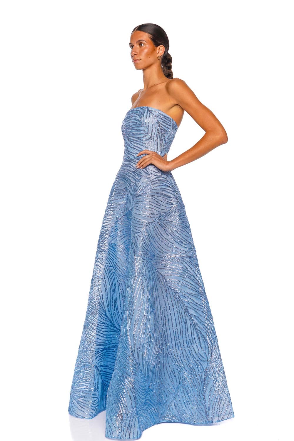 Naeem Khan Ocean Blue Strapless Raffia Gown