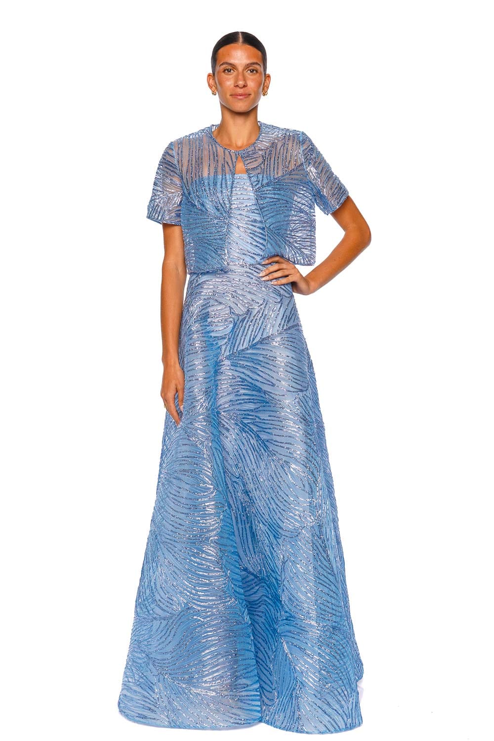 Naeem Khan Ocean Blue Raffia Short Sleeve Bolero