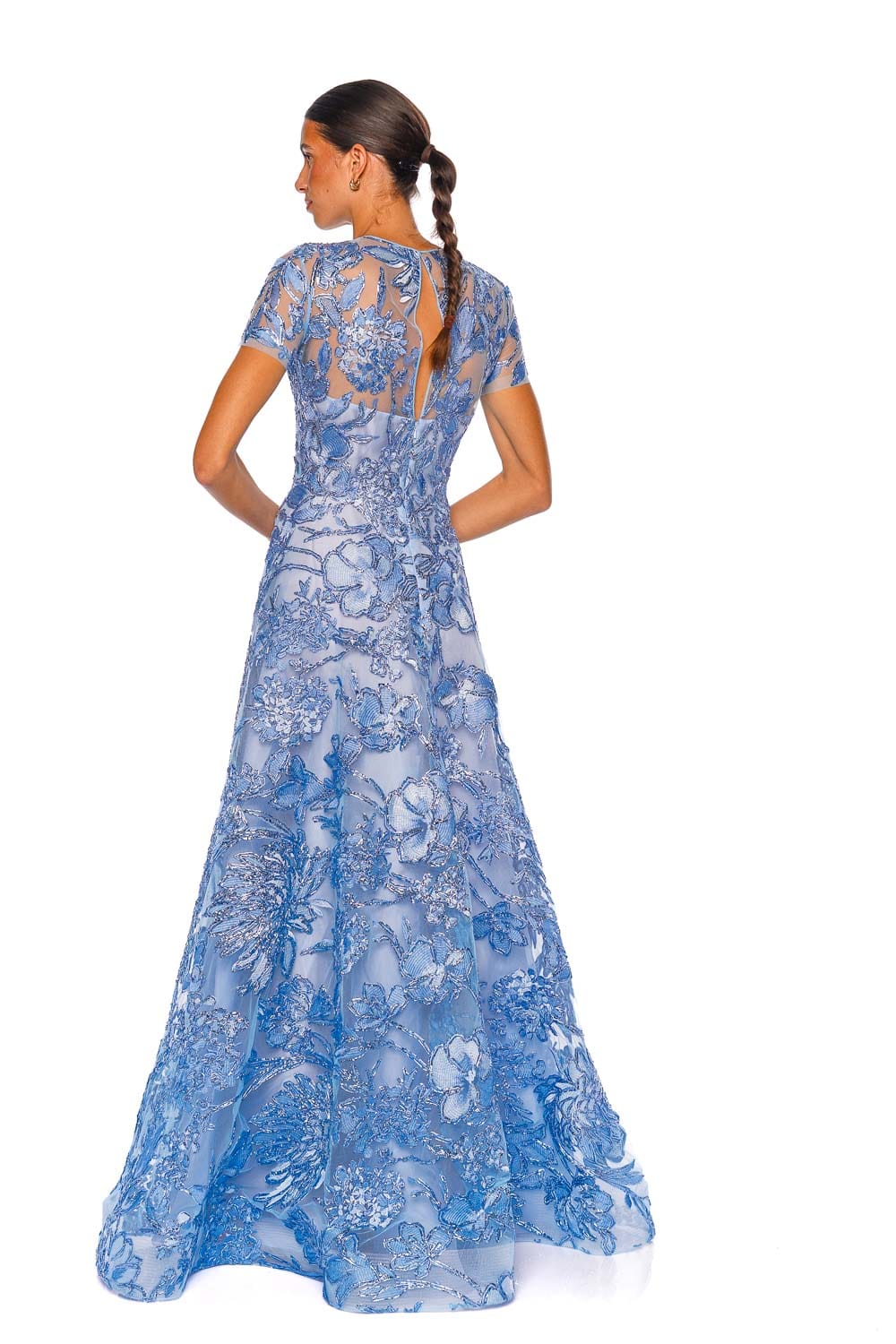 Naeem Khan Short Sleeve Floral Raffia Pale Blue Silver A-Line Gown